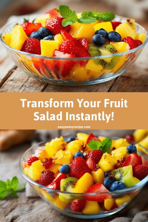 Two bowls of vibrant fruit salad featuring strawberries, blueberries, kiwi, and mango with fresh mint leaves. Canned Fruit Salad Recipe, Fruits Ideas For Party, Topping For Fruit Salad, Fruit Salad Recipes Easy, Easy Fresh Fruit Salad, Sauce For Fruit Salad, Pie Filling Fruit Salad, Simple Fruit Salad Recipe, Canned Fruit Salad