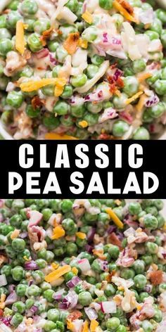 Irresistible classic pea salad is packed with flavors, loaded with bacon and cheese, dressed in creamy flavorful mayonnaise dressing. Enjoy this salad all year long using fresh or frozen peas. #peasalad #easysalad #saladrecipes #recipes #pearecipes #summersalad #summerrecipes #BBQrecipes #BBQsalad Pea Salad With Ham, Fresh Pea Salad Recipes, Frozen Pea Salad Recipes, Pea Salad With Canned Peas, Dublin Pea Salad, Pea Salad With Frozen Peas, Sweet Pea Salad Recipes, Pea Salad Recipes Cold, Pee Salad