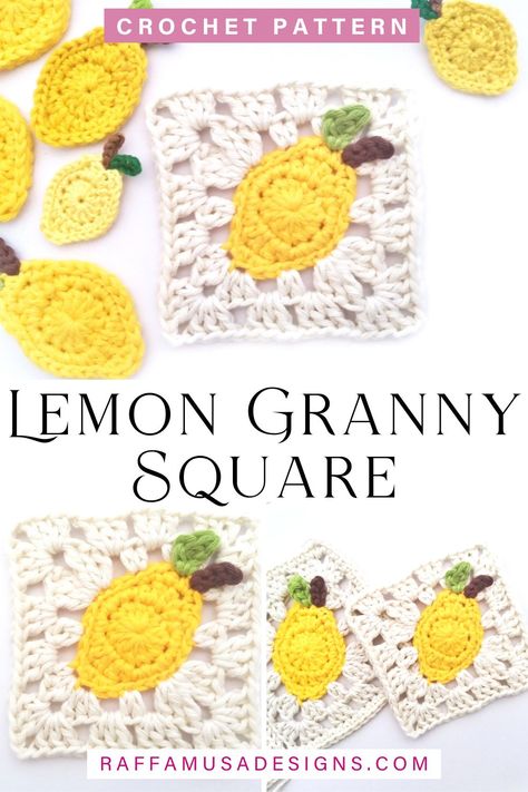 a collage of pictures showing some crochet lemon granny squares and crochet lemon appliques Lemon Granny Square Crochet Pattern, Summer Crochet Granny Squares, Summer Granny Square Pattern, Peach Granny Square, Cherry Granny Square Pattern, Unique Granny Square Crochet Patterns Free, Lemon Crochet Bag, Sun Granny Square Free Pattern, Lemon Granny Square Crochet