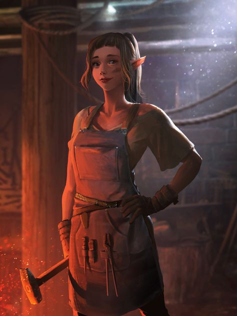 Elven Blacksmith, Weiblicher Elf, Dnd Elves, Dark Elves, Elf Characters, Pathfinder Character, Female Elf, Dungeons And Dragons Characters, Fantasy Story