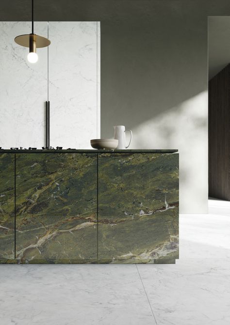 Karzai Verde - Polished is a coloured Italian porcelain tile. Green Marble Kitchen Countertops, Green Marble Kitchen, Verde Kitchen, Green Granite Countertops, Marble Kitchen Countertops, Kitchen With Marble, Granite Kitchen Countertops, Green Kitchen Designs, Countertops Granite