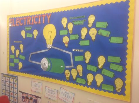 Electricity display Electricity Bulletin Board, Electricity Display Ks2, Poster On Save Electricity, Electricity Science Fair Projects Ideas, Saving Electricity Poster, Static Electricity Science Fair Projects, Year 6 Classroom, Classroom Display Boards, Science Lab Decorations