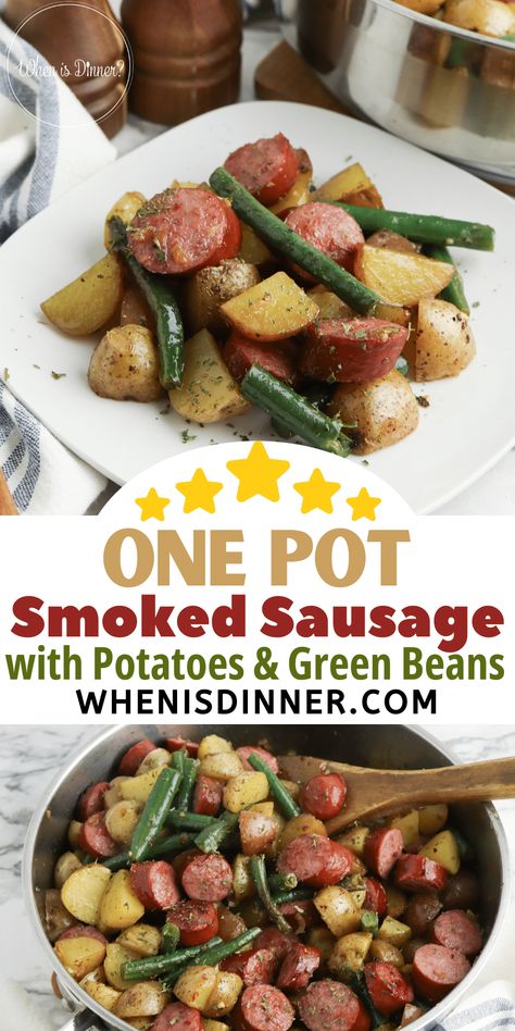 One Pot Smoked Sausage | When is Dinner Polish Sausage Potatoes And Green Beans, Potatoes Green Beans Sausage, Smoked Sausage Recipes Healthy, Green Beans Sausage, Smoked Sausage With Potatoes, One Pot Smoked Sausage, Sausage Potatoes And Green Beans, Sausage Potatoes Green Beans, Sausage With Potatoes