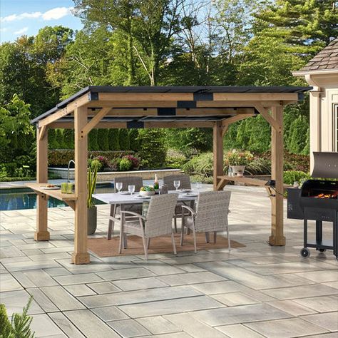 Sunjoy 10’ x 12’ Gazebo, Outdoor Patio Wooden Frame Grill Gazebo Backyard BBQ / Hot Tub Gazebo with Steel Roof, Power Port and Bar Shelves – Golden Bull Marketing Hot Tub Shelters, Gazebo Backyard, Bbq Gazebo, Gazebo Roof, Patio Privacy Screen, Hot Tub Gazebo, Sunset Drive, Bbq Essentials, Grill Gazebo