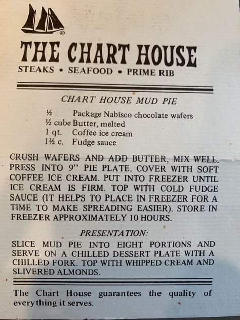 Chart House Mud Pie Recipe, Handwritten Cookbook, Mud Pie Recipe, Cookbook Pages, Unusual Recipes, New Desserts, Recipes Copycat, Chart House, Heirloom Recipes