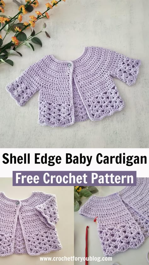 Crochet Shell Edge Baby Cardigan Free Pattern - Crochet For You Crochet Layette Set Free Pattern, Free Pattern Crochet Cardigan, Easy Crochet Baby Sweater, Crochet Baby Cardigan Free Pattern Easy, Newborn Crochet Cardigan, Baby Cardigan Crochet Pattern Free, Crochet Toddler Cardigan, Free Crochet Baby Sweater Patterns, Free Crochet Baby Patterns