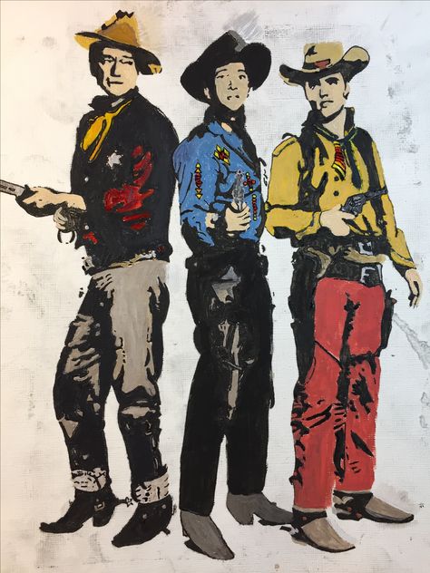 Rio Bravo by Emily Cox from Oklahoma City, OK pop Art movie poster style. Western starting John Wayne, Dean Martin, and Ricky Nelson. Acrylic on paper canvas 2017 pop art abstract art. Pendleton apparel. Insta: @redowlcollective Western Pop Art, John Wayne Quotes, Art Display Ideas, Maynard Dixon, Art Movie Poster, Western Movie Posters, Western Posters, Pop Art Abstract, Ricky Nelson