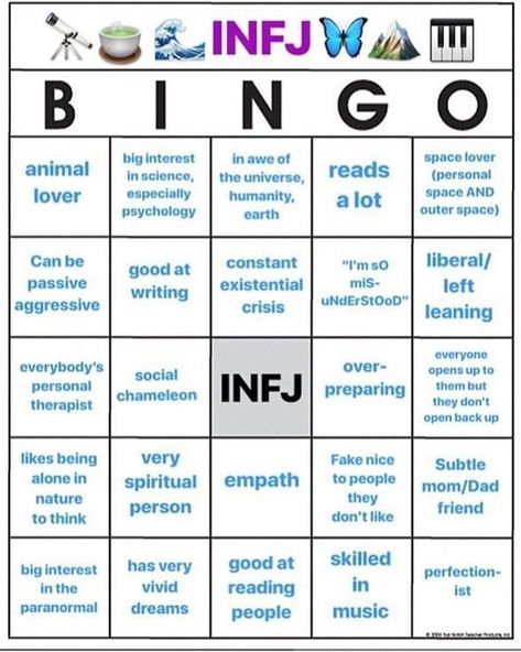 The INFJ Life on Instagram: “Let’s play INFJ bingo! #bingo #infj #fun #game #infjthings #infjlife #introvert #mbti #myersbriggs” Infj Bingo, Infj 6w5, Infj Brain, Personality List, Spiritual Person, Personality Assessment, Intj And Infj, Infj Type, Infj Mbti