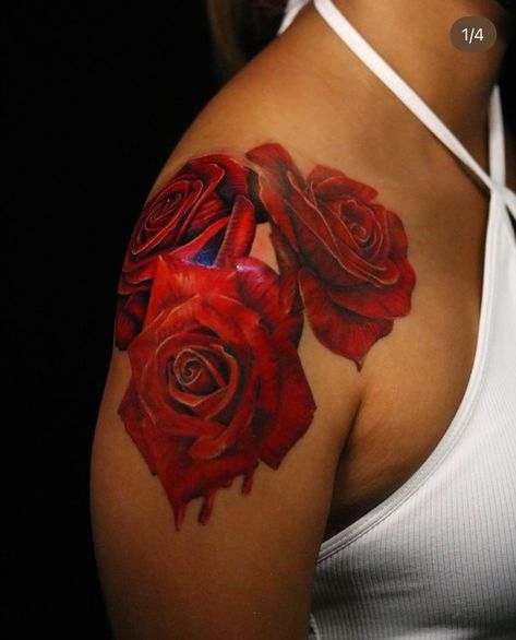 Red Rose Chest Tattoo, Roses On Shoulder Tattoo, Red Roses Tattoo, Roses On Shoulder, Coloured Rose Tattoo, Snakes And Roses, Rose Chest Tattoo, Cute Shoulder Tattoos, Roses Tattoos