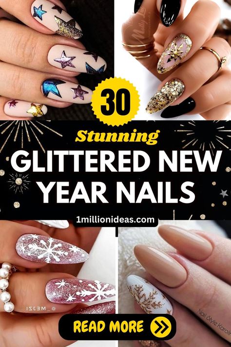 Glittered New Year Nails Elegant Christmas Nail Designs, Fun Nail Designs, Star Ideas, Clock Strikes Midnight, New Year Nail, New Year Nails, Festive Look, Christmas Nail Designs, Christmas Nail