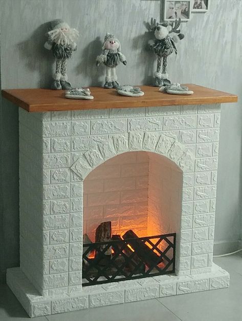 Cozy with fireplace. Diy Christmas Fireplace, Cardboard Fireplace, Faux Fireplace Mantels, Fake Fireplace, Faux Fireplace Diy, Faux Fireplace, Stovetop Potpourri, Napkin Folding, Diy Fireplace