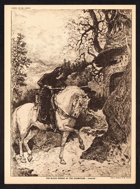 1910's Black Knight at the Hermitage, from Ivanhoe Ovid Metamorphoses, Playing Flute, Robinson Crusoe, Black Knight, Blackest Knight, Art Prints For Sale, Horse Art, Prints For Sale, Vintage Black