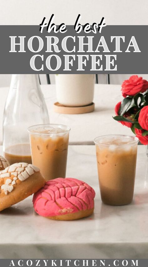 Horchata Coffee is the combination of the two best things: horchata and coffee. Think of this coffee horchata recipe like cold brew. Coffee grounds are steeped with almonds, rice, and brown sugar, blended, and then strained to make the most delicious drink to start your day with. #coldbrewcoffeerecipes #howtomakehorchata Horchata Cold Brew, Mexican Iced Coffee Recipe, Horchata Cold Brew Recipe, Horchata Iced Coffee Recipe, How To Make Mexican Coffee, Horchata Coffee Recipe, Abuelita Coffee Recipe, Horchata Starbucks Drink, Mexican Coffee Bar Ideas