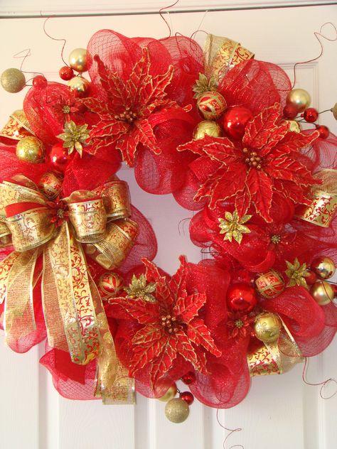 Red and Gold CHRISTmas Mesh Wreath Red Deco Mesh Christmas Wreaths, Red And Gold Christmas Wreath Deco Mesh, Red And Gold Christmas Wreaths, Red And Gold Wreath Christmas, Red Mesh Wreath, Red And Gold Christmas Wreath, Gold Wreaths, Mantel Scarf, Gold Christmas Wreath