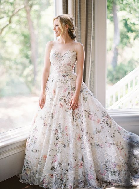 Floral Fairy Wedding Dress, Spring Garden Wedding Dress, Wedding Dresses With Colour, Secret Garden Wedding Dress, Colorful Floral Wedding Dress, Floral Wedding Dress Colored, Pink Floral Wedding Dress, Themed Wedding Dresses, Garden Wedding Gown