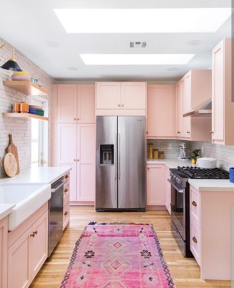 Diy Shaker Door, Pink Kitchen Cabinets, Pink Cabinets, Oak Floating Shelves, Galley Kitchens, Barnwood Wall, Retro Renovation, Eclectic Kitchen, Shaker Doors