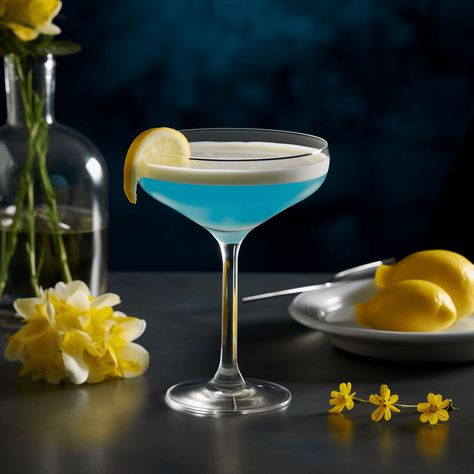 Blue Lady Cocktail Recipe - The Blue Lady cocktail offers a harmonious blend of sweet and sour with a creamy texture. The citrus tang from the lemon juice is perfectly balanced by the sweetness of the blue curaçao, while the gin provides a complex botanical backdrop. The egg white adds a smooth, frothy finish that rounds out the drink. Blue And Yellow Drinks, Blue Lady Cocktail, Blue Gin Cocktail, Blue Curacao Cocktails, Blue Mocktail, Botanical Backdrop, White Lady Cocktail, Blue Hawaii Cocktail, Bridgerton S3