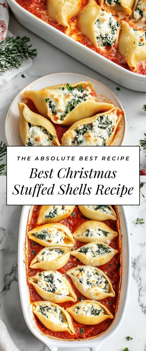 Image for Best Christmas Stuffed Shells Recipe The Best Stuffed Shells Recipe, Stuffed Shells Recipe Healthy, Festive Food Christmas, Christmas Stuffed Shells, Quick And Easy Stuffed Shells, Dinner For Special Occasion, Dishes To Make For New Years, Holiday Party Entrees, Stuffed Shells Cheese