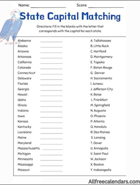 Free Printable States and Capitals Worksheet Us States And Capitals Free Printable, State Capitals Worksheet Free Printable, States And Capitals Printables Free, 50 States And Capitals, State Capitals Quiz, Grid Paper Printable, Frankfort Illinois, Alphabet Chart Printable, Shapes Worksheet Kindergarten