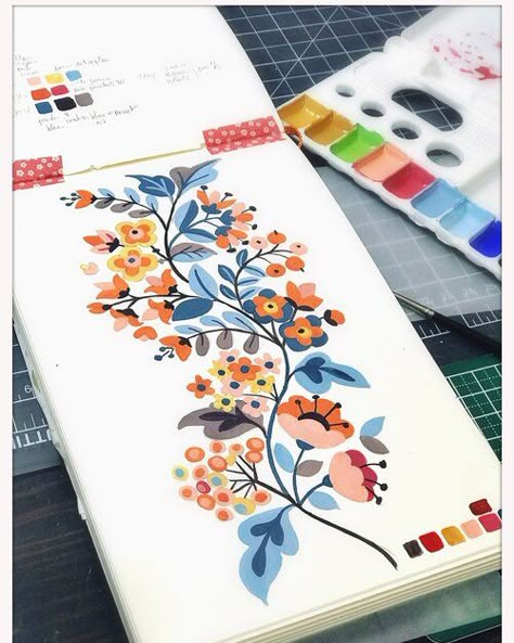 Gouache Folk Art, Gouache Paintings Ideas, Acrylic Gouache Paintings, Gouache Pattern, Gouache Design, Floral Gouache, Flowers Gouache, Gouache Palette, Arte Doodle