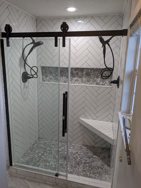 Simple Tile Shower Ideas Walk In, Shower Tile With Pebble Floor, Showers With Herringbone Tile, Subway Tile Bathroom Herringbone, Shower Tile Ideas With Pebble Floor, Shower Herringbone Tile, Shower Tile Up To Ceiling, Walkin Shower Tile Ideas Floor, Showers With Tiled Ceilings