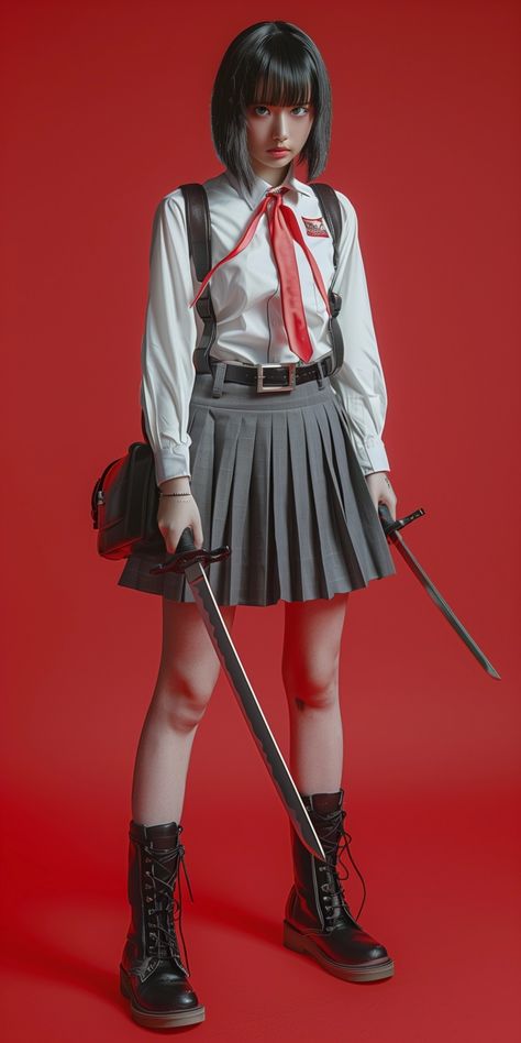 Cosplay Photography Poses, Dramatic Poses Reference, Female Poses Reference, 트위터 헤더, Two Swords, Anime Skirts, Grey Pleated Skirt, Female Reference, Female Pose Reference