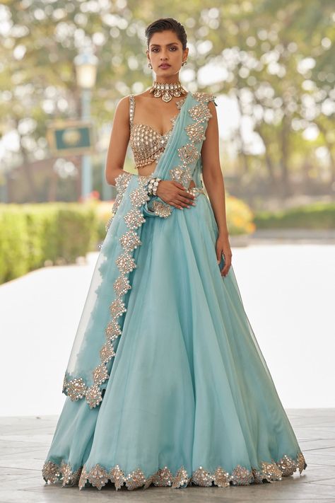 Shop for these amazing collections of Blue Lehenga And Dupatta Organza Hand Embroidery Mirror Geometric Blouse Set For Women by Vvani by Vani Vats online at Aza Fashions. Blue Organza Lehenga, Vani Vats, Cancan Lehenga, Lehenga Pattern, Embroidery Mirror, Indian Wedding Poses, Blue Organza, Organza Lehenga, Blue Lehenga