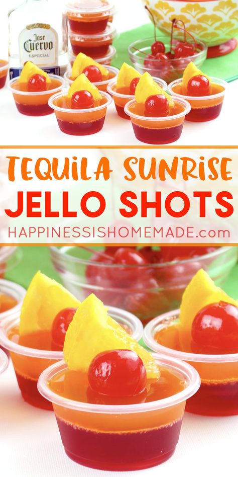 Tequila Sunrise Jell-O Shot Recipe: These delicious tequila sunrise Jello shots are the perfect cocktail for backyard summer bbqs and pool parties! Get this yummy jello shot recipe and be the hit of the party this summer! Upside Down Jello Shots, Pineapple Upside Down Jello Shots, Yummy Jello Shots, Tequila Jello Shots, Booze Board, Making Jello Shots, Best Jello Shots, Jello Shot, Pudding Shots