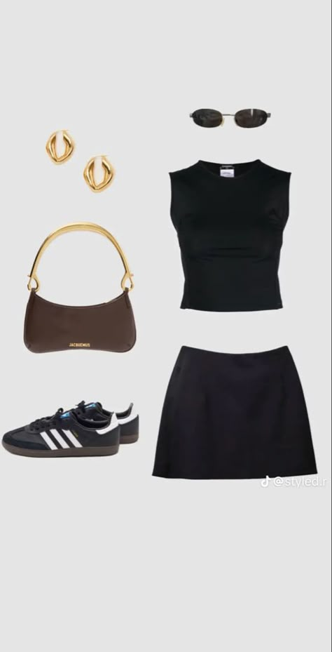 Monochrome Outfit Black, Adidas Gazelle Red, Fashion Magazine Aesthetic, Red Adidas Gazelle, Red Sambas, Gold Watch Vintage, Black Mini Skirt Outfit, Samba Outfit, Black Mini Skirt