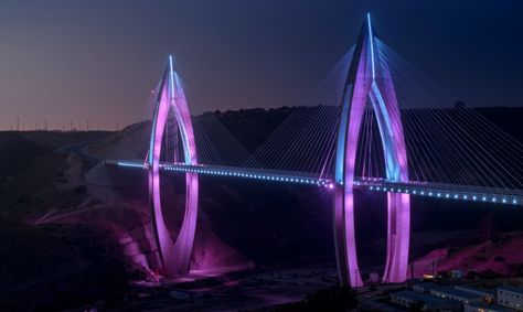 Morocco's King Mohammed VI Bridge Bridge Lighting, Infrastructure Architecture, Bridges Architecture, Cable Stayed Bridge, City Lights At Night, Tower Light, Philips Lighting, Road Bridge, Bridge Over Troubled Water