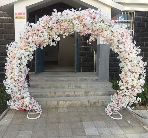 Cherry Blossom Arch, Metal Backdrop Stand, Metal Backdrop, Hanging Glass Vase, Half Arch, Geometric Centerpiece, Pink Quince, Round Arch, Cherry Blossom Flower