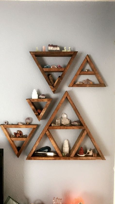 Triangle Shelf, Decor Plants, Crystal Shelves, Crystal Wall, Meditation Space, Shelf Design, Cheap Decor, Wooden Shelves, Cheap Home Decor