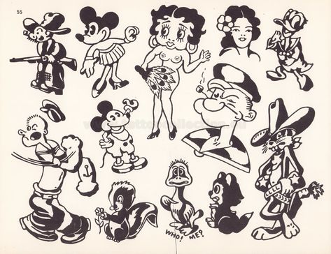 Sailor Mosko Production – 43 – Tattoo Collection Vintage Flash Sheet, Traditional Cartoon Tattoo, Sailor Mosko, American Traditional Flash Sheet, Vintage Flash Tattoo, 8 Tattoo, Antique Tattoo, Traditional Tattoo Flash Sheets, Mickey Tattoo