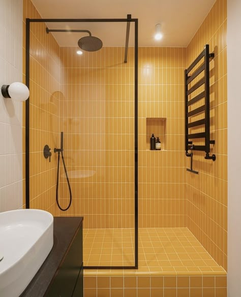 Yellow Shower Room, Yellow Grout Bathroom, Yellow Shower Tile, Yellow Tile Bathroom Ideas, Yellow Tile Bathroom, Yellow Bathroom Tiles, Yellow Stairs, Minimalist Bathroom Design, Eclectic Bathroom