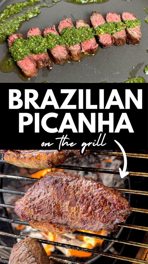 Two image collage of picanha steak on charcoal grill and sliced grilled picanha steak topped with chimichurri sauce on a dark plate. Picanha Steak Recipe Grill, Brazilian Picanha, Picanha Steak Recipe, Grilled Picanha, Crispy Garlic Bread, Picanha Steak, Cap Steak, Brazilian Grill, Brazilian Steak