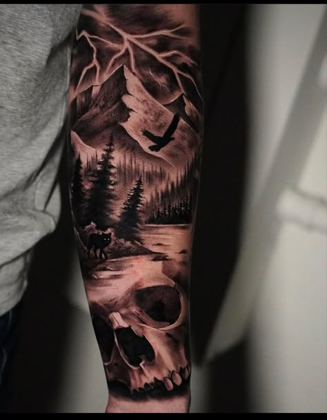 White Mountains Tattoo, Dark Woods Tattoo, Night Tattoo Sleeve, Half Arm Sleeve Tattoos Men, Forest Tattoo Arm, Nature Forearm Tattoo, Men’s Full Sleeve Tattoo, Noah Tattoo, Tattoo Wade