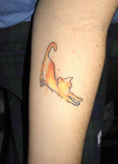 Orange Watercolor Tattoo, Orange Tabby Tattoo, Orange Colored Tattoo, Orange Tabby Cat Tattoo, Orange And White Cat Tattoo, Small Orange Cat Tattoo, Orange Cat Tattoo Ideas, Cat Tattoo Orange, Orange Cat Tattoo Simple