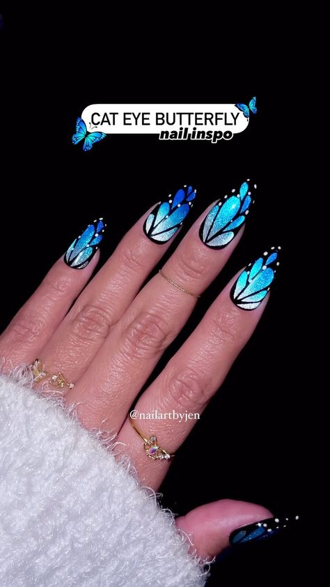 Jeanette Flores | Blue Morpho cat eye spring nails!!😱🤩🤯 Trending butterfly wings, but make them blue this time🩵🦋💙 Should we try these in chrome… | Instagram Holo Butterfly Nails, Royal Blue Nails Butterfly, Black And Blue Butterfly Nails, Oval Shape Nails Designs, Butterfly Cat Eye Nails, Butterfly Wings Nails, Cat Eye Butterfly Nails, Gel X Nail Designs 2024, Butterfly Chrome Nails