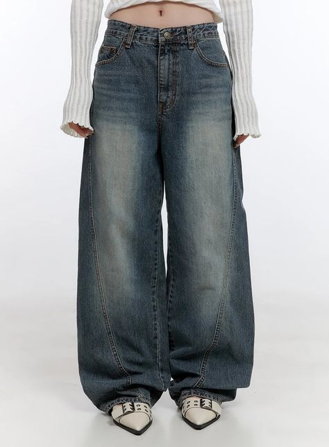 Lucia Stitched Denim Baggy Jeans CO418 - Acubi style | LEWKIN Denim Baggy Jeans, Big Jeans, Acubi Style, Last Child, Gisele Bündchen, Wide Jeans, Downtown Girl, Off Shoulder Tops, Preppy Outfits