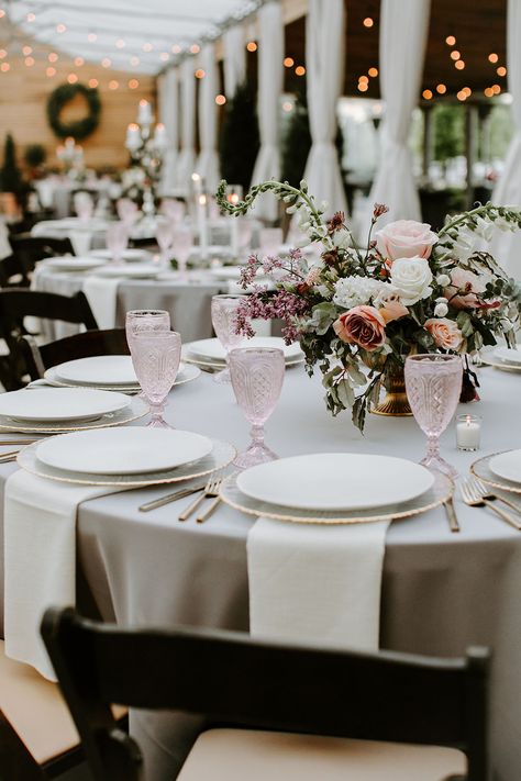 Gray Wedding Reception Table Setting | Romantic Wedding with Dream Events & Catering Gray Wedding Table Setting, Gray Table Setting, Gray Wedding Reception, Table Setting Romantic, Romantic Wedding Table Settings, Silver Wedding Reception, Wedding Table Lighting, Chic Wedding Reception, Wedding Reception Table Decor