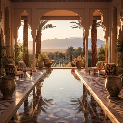 A palatial desert oasis in Marrakech, Morocco, with ornate mosaic tilework, palm-fringed courtyards, reflecting pools, and views of the distant Atlas Mountains, all bathed in the warm, golden light of an African afternoon. AI Generated. Pool In The Desert, African Kingdom Aesthetic, African Castle Interior, Desert Mansion Exterior, Desert Oasis Aesthetic, Fantasy Oasis, African Palace, Morocco Villa, Desert Mansion