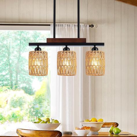 Lights Boho, Farmhouse Kitchen Island Lighting, Kitchen Light Fixtures, Boho Dining Room, Lighting Fixtures Kitchen Island, Hanging Lights Kitchen, Rattan Chandelier, Farmhouse Chandeliers, Farmhouse Kitchen Island