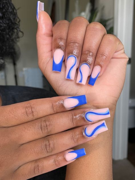 Dark Royal Blue French Tip Nails, Cobalt Blue Nails French Tip, Indigo Blue Nails, Blue French Tip Nails Pink Base, Light Blue French Tip With Dark Blue Outline, Blue French Tips With Swirls, Blue French Tip Nails, Blue Wedding Nails, Blue French Tip