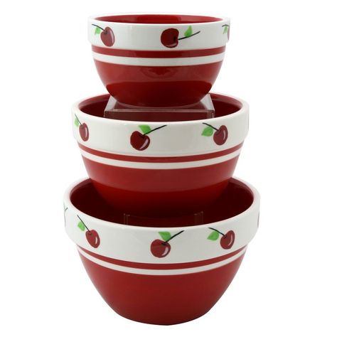 Red Cherry 3 Piece Mixing Bowl Set Cherry Kitchen Decor, Ceramic Mixing Bowls, Cherry Kitchen, Mixing Bowl Set, Cherries Jubilee, Real Kitchen, Mixing Bowls Set, Red Kitchen, Vintage Memory