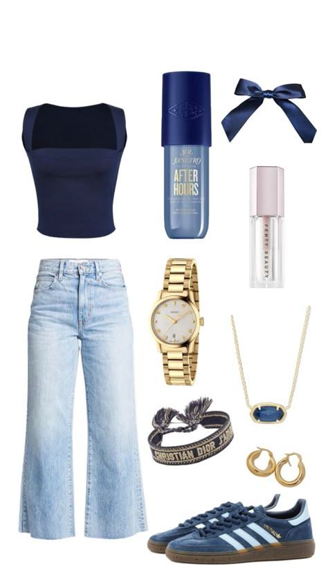 Outfit Layout Aesthetic School, Navy Top With Jeans, Navy Casual Outfit, Blue And Gold Game Day Outfits, Navy Blue Party Outfit, Outfits For New Years Eve Night Casual, Cute Navy Blue Outfits, Outfits For Blue Eyes, Navy Nelson Outfits