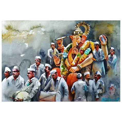 Ganesh Utsav Memory Drawing, Ganpati Visarjan Drawing, Memory Drawing Of Ganesh Festival, Ganesh Chaturthi Memory Drawing, Indian Festival Memory Drawing, Memory Drawing For Intermediate, Watercolor Indian, Memory Drawing, Ganpati Bappa Morya