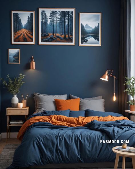 Interior Design Bedroom Blue, Blue And Rust Bedding, Blue Bedroom Colour Palettes, Cool Blue Bedroom, Farrow And Ball Inchyra Blue Bedroom, Navy Burnt Orange Bedroom, Master Bedrooms Decor Cozy Color, Inchyra Blue Bedroom, Blue And Rust Bedroom