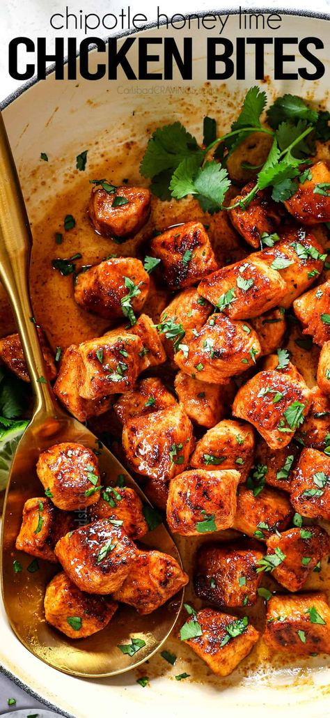 Chipotle Honey Lime Chicken Bites - Carlsbad Cravings Chipotle Lime Chicken, Honey Chipotle Chicken, Chicken Bites Recipes, Chili Lime Chicken, Chipotle Seasoning, Honey Lime Chicken, Simple Family Meals, Honey Chipotle, Carlsbad Cravings