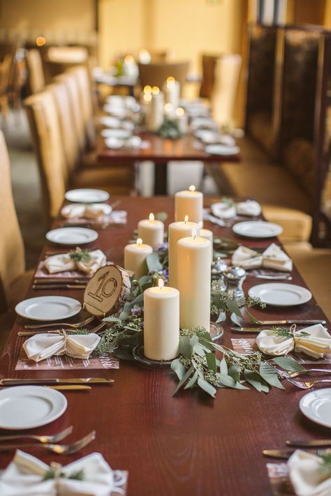 Fall Wedding Cheap, Rectangle Table Centerpieces, Rectangle Wedding Tables, Cheap Table Decorations, Eucalyptus Centerpiece, Marsala Flowers, Idea Photography, Simple Candle, Candle Arrangements