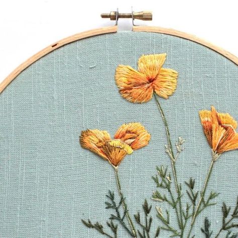 California Poppy Embroidery, Embroidery Poppies, Poppy Flower Embroidery, Embroidery Poppy, Travel Embroidery, Embroidered Poppy, Poppy Embroidery, Handkerchief Embroidery, Yellow Peonies